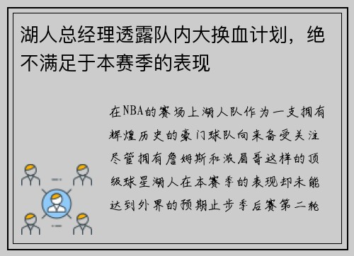 湖人总经理透露队内大换血计划，绝不满足于本赛季的表现